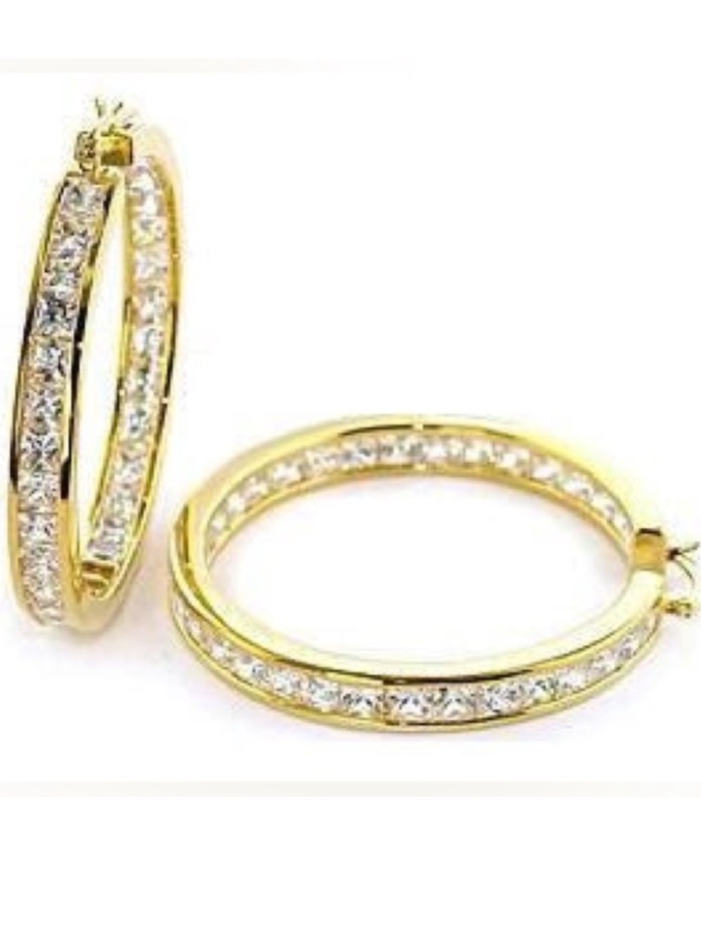 Long Princess cut channel set CZ ladies statement hoop earrings gold vintage Y2K
